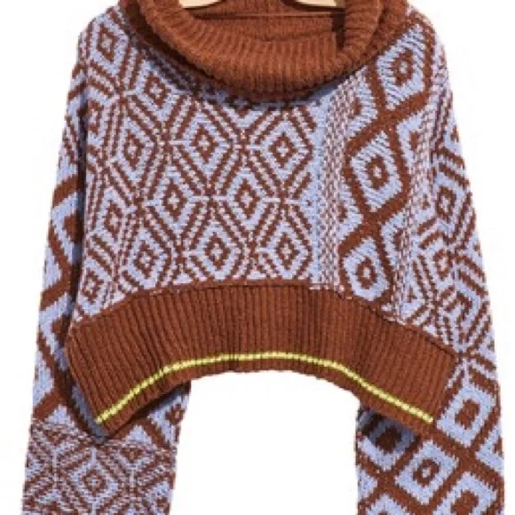 Free People size small Geometric Patterned Brown and Blue Sweater - Picture 2 of 4